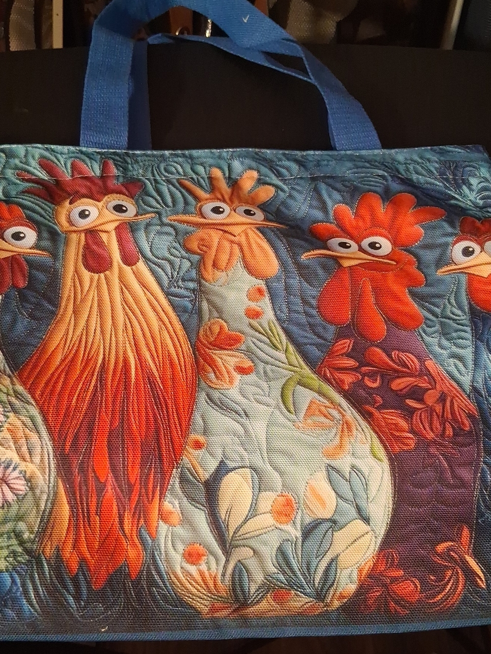 Quirky Rooster Print Tote Bag in Blue and Multi-Color